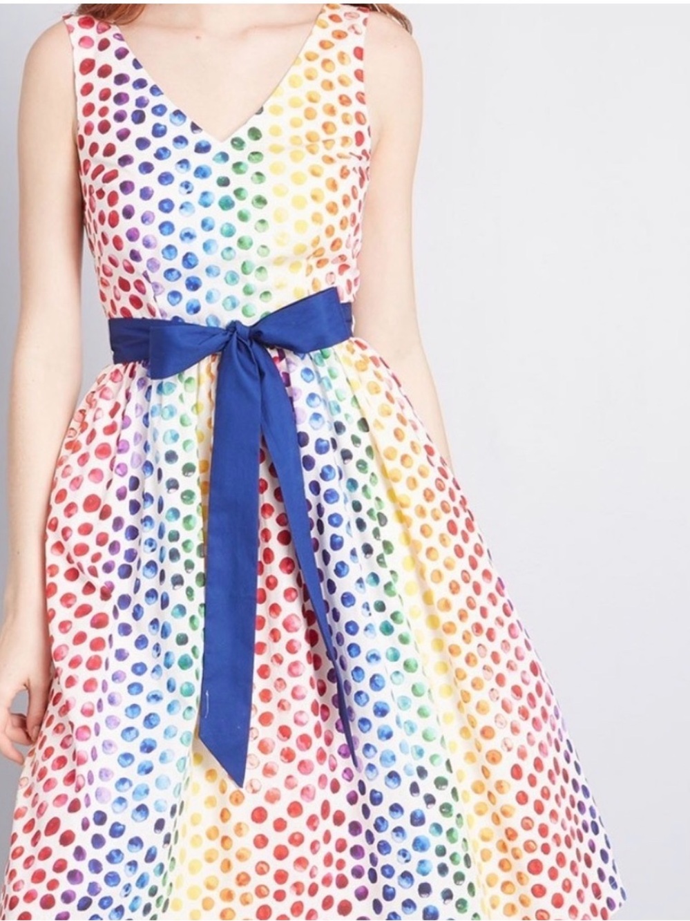 NWT ModCloth Rainbow Polka Dot Midi Dress with Blue Sash